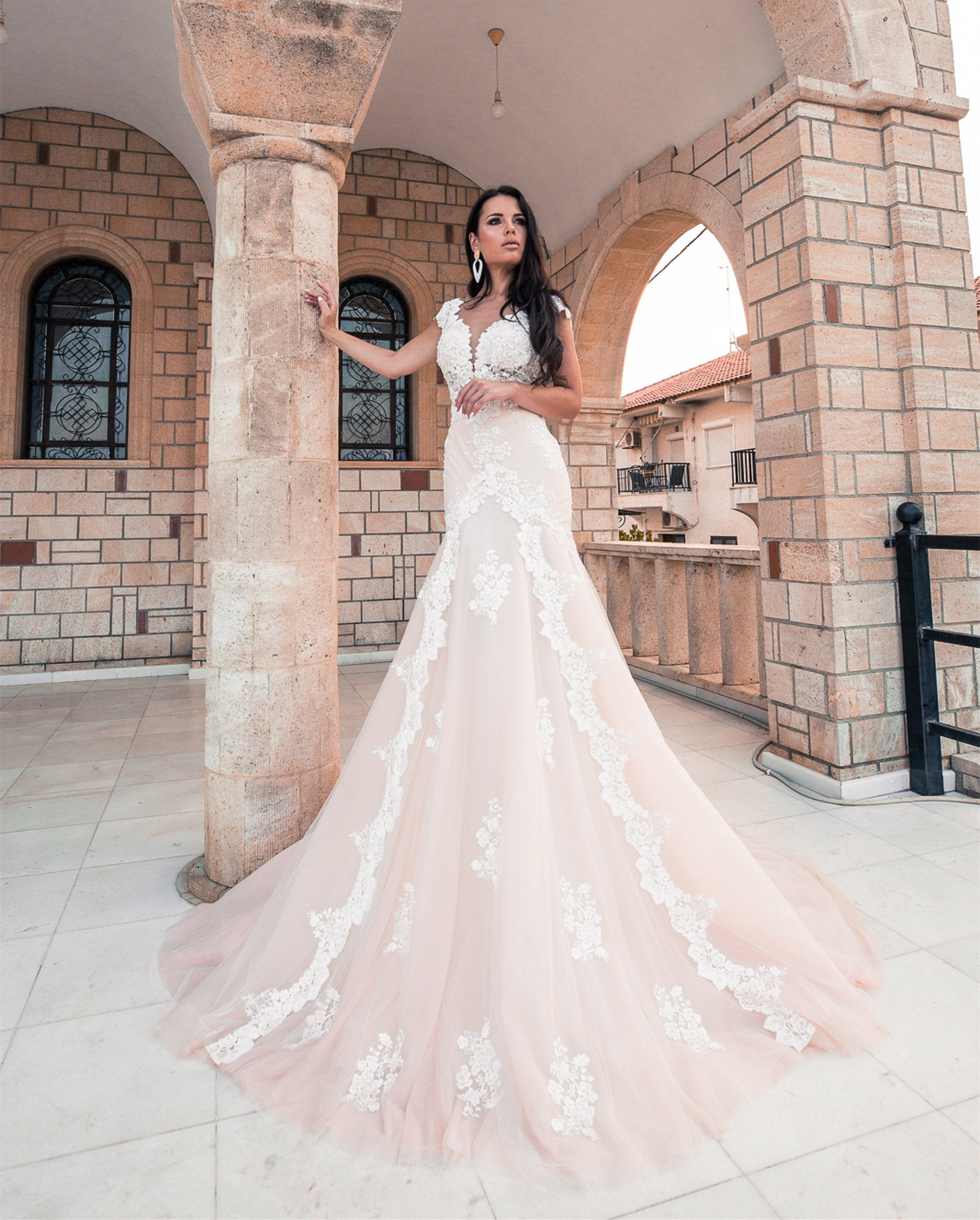 Mermaid Lace Tulle Long Train Wedding Dress Bridal Gown